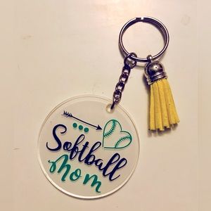 Softball Mom Round Acrylic Keychain with Small Tassel